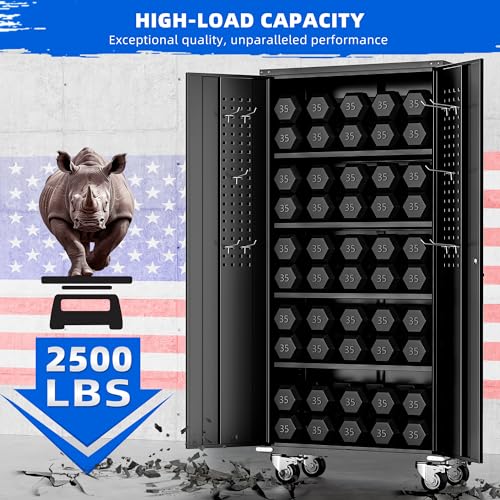 Pataku Locking Cabinet with Wheel and Pegboard, 72”Metal Garage Storage Cabinets with Doors and Shelves, Black Rolling Tool Metal Storage Cabinets for Garage, Home, Office, School
