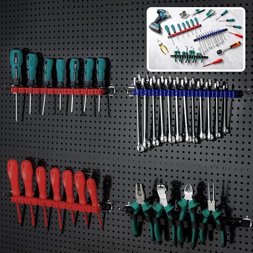 Reniteco 12 PCS Screwdriver Wrench Plier Organizers Wall Mount Pegboard Hand Tool Holders Plastic Rail Hanger Clips With 24 PCS Yellow Screws (Red Blue Black)