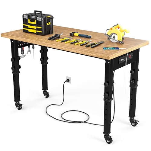 YITAHOME Adjustable Workbench with Wheels 48in Work Bench for Garage W/Pegboard & Power Outlets Heavy-Duty Workstation, 1600 LBS Load Capacity for Workshop, Office, Home Outdoor