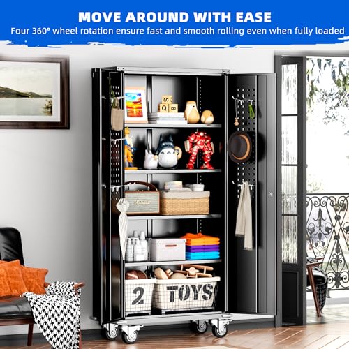 Pataku Locking Cabinet with Wheel and Pegboard, 72”Metal Garage Storage Cabinets with Doors and Shelves, Black Rolling Tool Metal Storage Cabinets for Garage, Home, Office, School