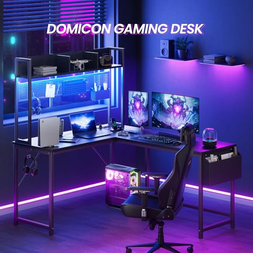 DOMICON Gaming Desk Computer Desk with Storage, L Shaped Desk with Power Outlet & LED Strip, Office Desk with Pegboard, Corner Deck for Home Office Black