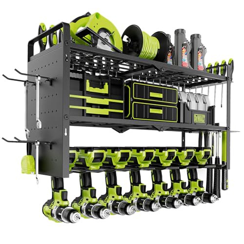 Power Tool Organizer Wall Mount With Side Pegboard - 7 Drill Holder - Garage Organization Storage Rack For Cordless Tool - Heavy Duty Metal Tool Shelf