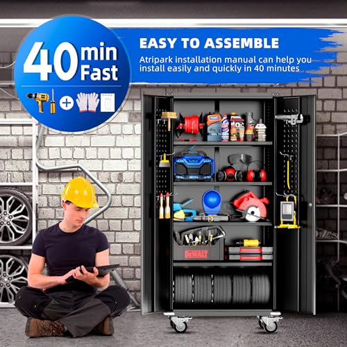 Pataku Locking Cabinet with Wheel and Pegboard, 72”Metal Garage Storage Cabinets with Doors and Shelves, Black Rolling Tool Metal Storage Cabinets for Garage, Home, Office, School