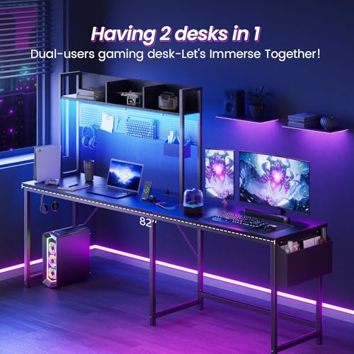 DOMICON Gaming Desk Computer Desk with Storage, L Shaped Desk with Power Outlet & LED Strip, Office Desk with Pegboard, Corner Deck for Home Office Black