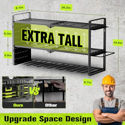 Power Tool Organizer Wall Mount With Side Pegboard - 7 Drill Holder - Garage Organization Storage Rack For Cordless Tool - Heavy Duty Metal Tool Shelf