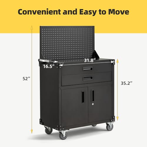 JFHID Work Bench for Garage with Pegboard Drawers and Cabinets Heavy Duty Metal Frame Tool Bench for Shop Kitchen Cabinets Organizer Work Table with Wheels