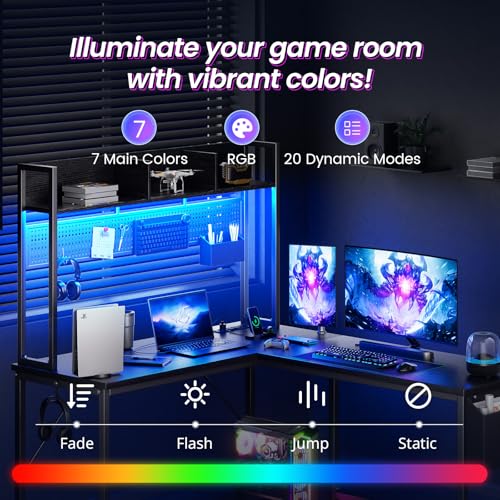 DOMICON Gaming Desk Computer Desk with Storage, L Shaped Desk with Power Outlet & LED Strip, Office Desk with Pegboard, Corner Deck for Home Office Black