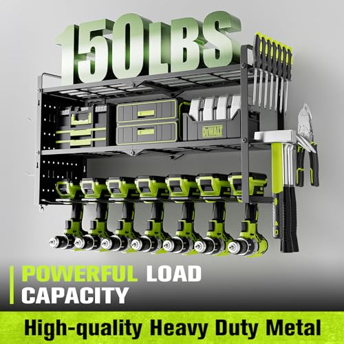 Power Tool Organizer Wall Mount With Side Pegboard - 7 Drill Holder - Garage Organization Storage Rack For Cordless Tool - Heavy Duty Metal Tool Shelf
