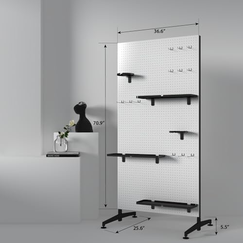 Metal Peg Board Organizer Panels Display Stand With Hooks and Trays, Large Floor Shelves.For Office,Garage Tools, Kitchen.Product Merchandise Rack.Retail Craft, Accessories (Size : 76.4*36.6in) (gray)