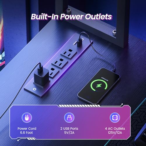 DOMICON Gaming Desk Computer Desk with Storage, L Shaped Desk with Power Outlet & LED Strip, Office Desk with Pegboard, Corner Deck for Home Office Black