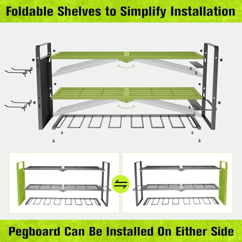 Power Tool Organizer Wall Mount With Side Pegboard - 7 Drill Holder - Garage Organization Storage Rack For Cordless Tool - Heavy Duty Metal Tool Shelf