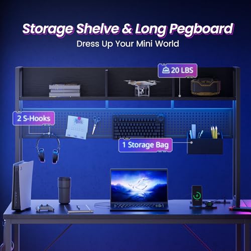 DOMICON Gaming Desk Computer Desk with Storage, L Shaped Desk with Power Outlet & LED Strip, Office Desk with Pegboard, Corner Deck for Home Office Black
