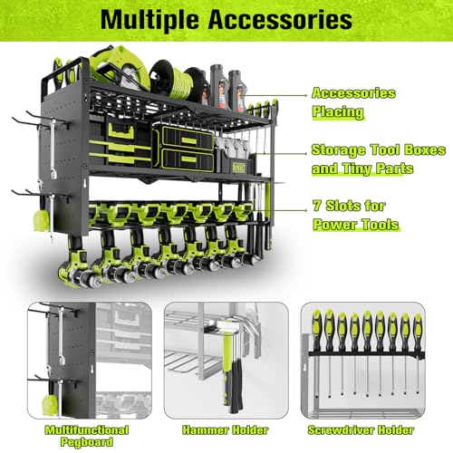 Power Tool Organizer Wall Mount With Side Pegboard - 7 Drill Holder - Garage Organization Storage Rack For Cordless Tool - Heavy Duty Metal Tool Shelf