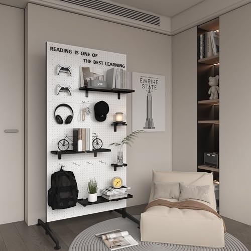 Metal Peg Board Organizer Panels Display Stand With Hooks and Trays, Large Floor Shelves.For Office,Garage Tools, Kitchen.Product Merchandise Rack.Retail Craft, Accessories (Size : 76.4*36.6in) (gray)
