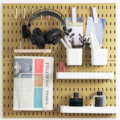 MULSAME Pegboard Combination Kit, Wall Mounted Storage Set with 4 Pegboards & 14 Accessories Hanging, Yellow Peg Boards Organizer for Walls Display, Crafts Organization, Kitchen Organizer, 22" x 22"