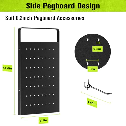 Power Tool Organizer Wall Mount With Side Pegboard - 7 Drill Holder - Garage Organization Storage Rack For Cordless Tool - Heavy Duty Metal Tool Shelf
