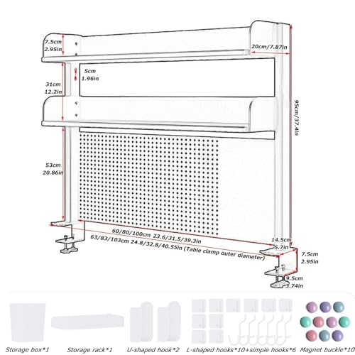 Clamp On Desk Organizer Shelf, Desk Extender Pegboard Workstation,Computer Desk Accessories for Office, Privacy Panel for Gaming Desk,23.6/31.4/39.3in Desktop Shelving System (WHITE, 80CM/31.4IN)