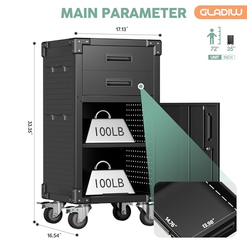GLADIW Garage Storage Cabinet, Metal Storage Cabinet with 2 Drawers and 1 Locking Door, Heavy Duty Rolling Cabinet Workbench Table with Wheels and Pegboards for Garage, Office and Tool Room