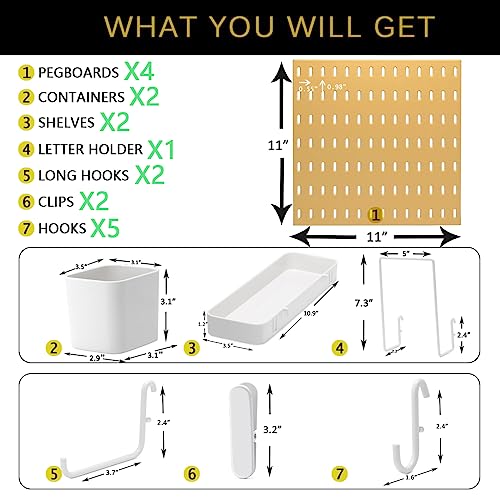 MULSAME Pegboard Combination Kit, Wall Mounted Storage Set with 4 Pegboards & 14 Accessories Hanging, Yellow Peg Boards Organizer for Walls Display, Crafts Organization, Kitchen Organizer, 22" x 22"