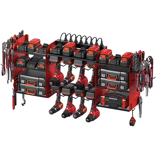 CCCEI Red Large Tools Organizer Wall Mount Charging Station, 39 Inch Long Power Tool Battery Storage Rack with 10FT Power Strip. 8 Drill Holder, Garage Utility Shelves. Pegboard Hanging Extension.