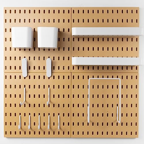 MULSAME Pegboard Combination Kit, Wall Mounted Storage Set with 4 Pegboards & 14 Accessories Hanging, Yellow Peg Boards Organizer for Walls Display, Crafts Organization, Kitchen Organizer, 22" x 22"