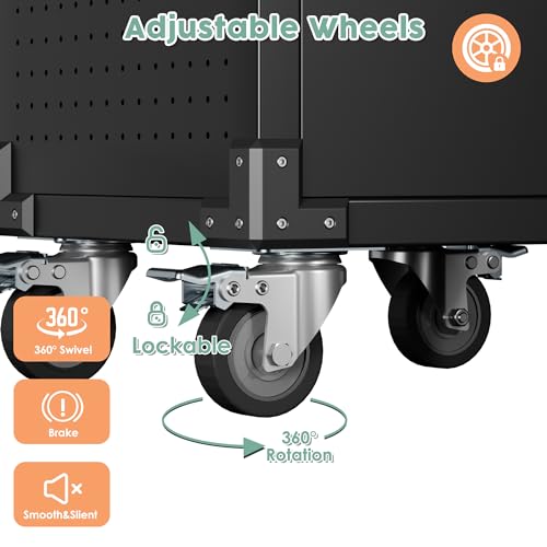 GLADIW Garage Storage Cabinet, Metal Storage Cabinet with 2 Drawers and 1 Locking Door, Heavy Duty Rolling Cabinet Workbench Table with Wheels and Pegboards for Garage, Office and Tool Room