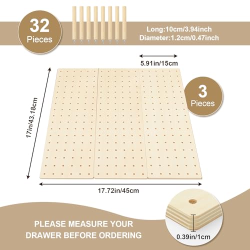 Kigley 3 Pcs Wood Pegboard Drawer Organizer with 32 Pegs Wooden Peg Board Drawer Shelf Organizer Adjustable Drawer Peg System for Dishes Plate Pot Container Cookware Utensil Kitchen (17 x 5.91 in)