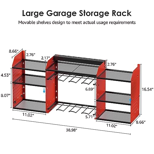 CCCEI Red Large Tools Organizer Wall Mount Charging Station, 39 Inch Long Power Tool Battery Storage Rack with 10FT Power Strip. 8 Drill Holder, Garage Utility Shelves. Pegboard Hanging Extension.