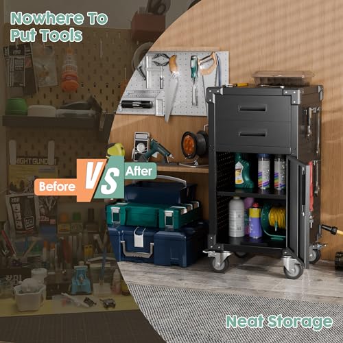 GLADIW Garage Storage Cabinet, Metal Storage Cabinet with 2 Drawers and 1 Locking Door, Heavy Duty Rolling Cabinet Workbench Table with Wheels and Pegboards for Garage, Office and Tool Room