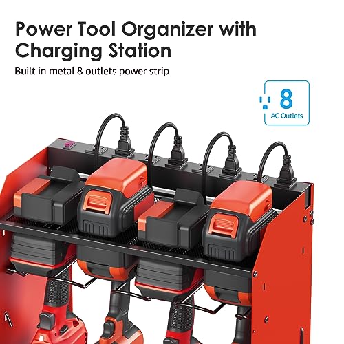 CCCEI Red Large Tools Organizer Wall Mount Charging Station, 39 Inch Long Power Tool Battery Storage Rack with 10FT Power Strip. 8 Drill Holder, Garage Utility Shelves. Pegboard Hanging Extension.