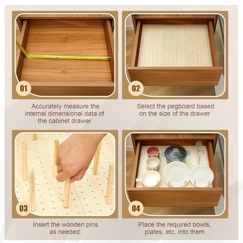 Kigley 3 Pcs Wood Pegboard Drawer Organizer with 32 Pegs Wooden Peg Board Drawer Shelf Organizer Adjustable Drawer Peg System for Dishes Plate Pot Container Cookware Utensil Kitchen (17 x 5.91 in)