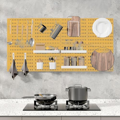 MULSAME Pegboard Combination Kit, Wall Mounted Storage Set with 4 Pegboards & 14 Accessories Hanging, Yellow Peg Boards Organizer for Walls Display, Crafts Organization, Kitchen Organizer, 22" x 22"
