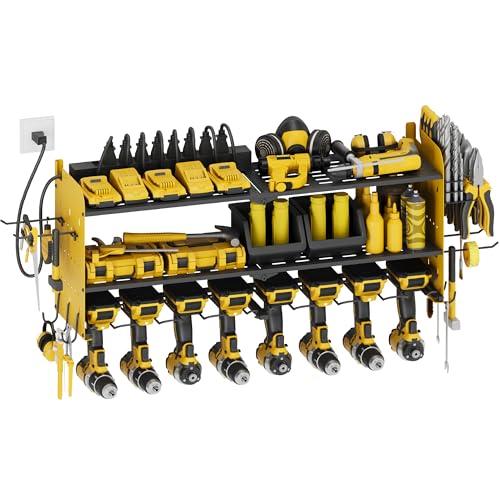 Suchtale Power Tool Organizer with Charging Station,33.2"Garage 8 Drill Holders Wall Mount,3 Layers Heavy Duty Metal Tool Shelf with 8 Outlets Power Strip,Utility Rack for Screwdriver Pegboard,Yellow