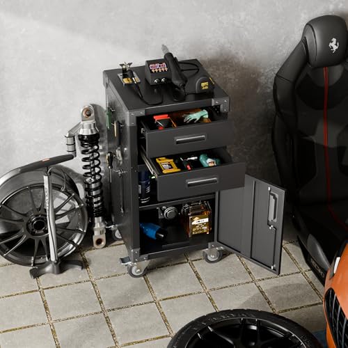 GLADIW Garage Storage Cabinet, Metal Storage Cabinet with 2 Drawers and 1 Locking Door, Heavy Duty Rolling Cabinet Workbench Table with Wheels and Pegboards for Garage, Office and Tool Room