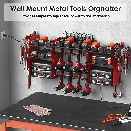 CCCEI Red Large Tools Organizer Wall Mount Charging Station, 39 Inch Long Power Tool Battery Storage Rack with 10FT Power Strip. 8 Drill Holder, Garage Utility Shelves. Pegboard Hanging Extension.