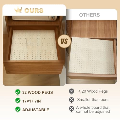 Kigley 3 Pcs Wood Pegboard Drawer Organizer with 32 Pegs Wooden Peg Board Drawer Shelf Organizer Adjustable Drawer Peg System for Dishes Plate Pot Container Cookware Utensil Kitchen (17 x 5.91 in)