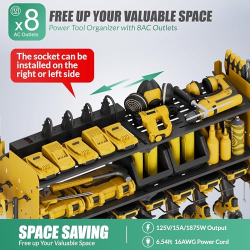 Suchtale Power Tool Organizer with Charging Station,33.2"Garage 8 Drill Holders Wall Mount,3 Layers Heavy Duty Metal Tool Shelf with 8 Outlets Power Strip,Utility Rack for Screwdriver Pegboard,Yellow