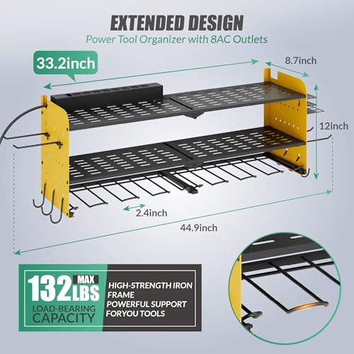 Suchtale Power Tool Organizer with Charging Station,33.2"Garage 8 Drill Holders Wall Mount,3 Layers Heavy Duty Metal Tool Shelf with 8 Outlets Power Strip,Utility Rack for Screwdriver Pegboard,Yellow