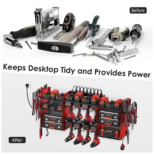 CCCEI Red Large Tools Organizer Wall Mount Charging Station, 39 Inch Long Power Tool Battery Storage Rack with 10FT Power Strip. 8 Drill Holder, Garage Utility Shelves. Pegboard Hanging Extension.