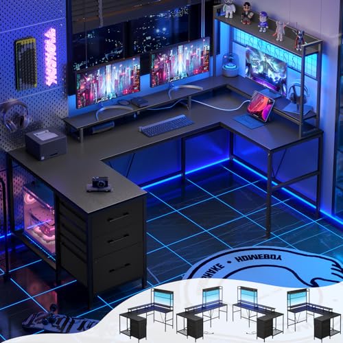 VIGKOOK U Shaped Gaming Desk with Hutch, 98.4in Reversible L Shaped Computer Desk with Power Outlets, Home Office Desk LED Light, Monitor Stand 3 Drawers Shelves Pegboard 6 Hooks (Texture Black)