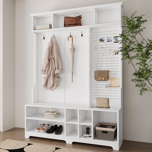 HHOK Cabinet Bench, Shoe, Storage Shelves and Pegboard for Hallways, Bedrooms-White Coat Rack Freestanding Hall Tree, White-15