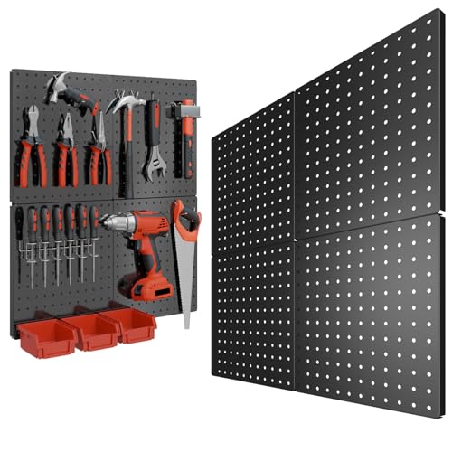 Peg Board, 4PCS Metal Pegboard, Heavy Duty Pegboard Wall Organizer with Frame. Black Pegboard for Walls, Garage, Workbench, Craft Room Tool Organization, Metal Pegboard Panels 12in*12in