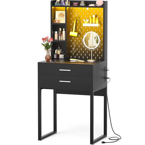 Besiost Small Vanity Desk with Hutch and Drawers, Black Makeup Vanity Desk with Charging Station, Vanity Table Dressing Table with LED Lights, Vanity Desk No Mirror with Pegboard for Girls Women, 24"