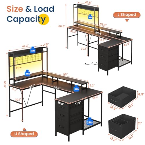 VIGKOOK U Shaped Gaming Desk with Hutch, 98.4in Reversible L Shaped Computer Desk with Power Outlets, Home Office Desk LED Light, Monitor Stand 3 Drawers Shelves Pegboard 6 Hooks (Texture Black)