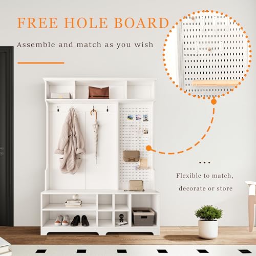 HHOK Cabinet Bench, Shoe, Storage Shelves and Pegboard for Hallways, Bedrooms-White Coat Rack Freestanding Hall Tree, White-15