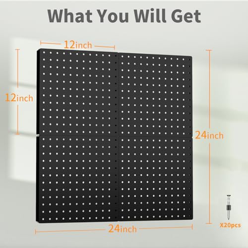 Peg Board, 4PCS Metal Pegboard, Heavy Duty Pegboard Wall Organizer with Frame. Black Pegboard for Walls, Garage, Workbench, Craft Room Tool Organization, Metal Pegboard Panels 12in*12in