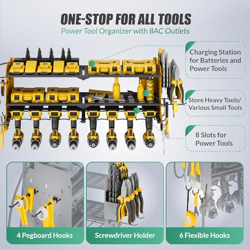 Suchtale Power Tool Organizer with Charging Station,33.2"Garage 8 Drill Holders Wall Mount,3 Layers Heavy Duty Metal Tool Shelf with 8 Outlets Power Strip,Utility Rack for Screwdriver Pegboard,Yellow
