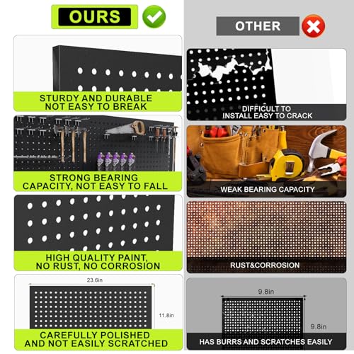 4 Pack Metal Pegboard Panels 24" x 12" Black Heavy Duty Steel Pegboard Wall Organizer, Garage Utility Tools Pegboard Storage System for Workbench, Shop, Shed Modular Peg Board Organizer Board Kit