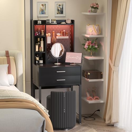 Besiost Small Vanity Desk with Hutch and Drawers, Black Makeup Vanity Desk with Charging Station, Vanity Table Dressing Table with LED Lights, Vanity Desk No Mirror with Pegboard for Girls Women, 24"
