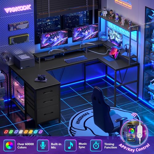 VIGKOOK U Shaped Gaming Desk with Hutch, 98.4in Reversible L Shaped Computer Desk with Power Outlets, Home Office Desk LED Light, Monitor Stand 3 Drawers Shelves Pegboard 6 Hooks (Texture Black)